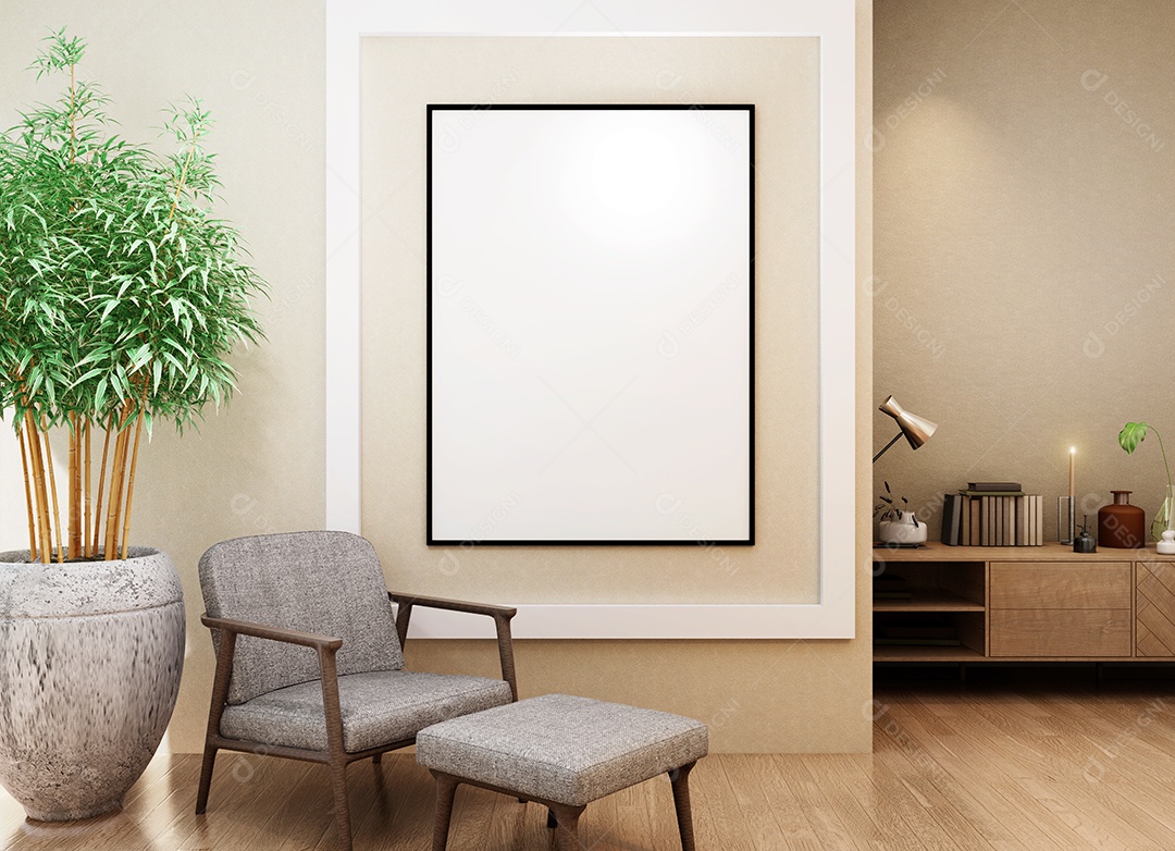 Molduras para fotos de maquete de ilustração 3D na parede da sala de estar, interior de estilo escandinavo com conceito de decoração de móveis aconchegante, renderização