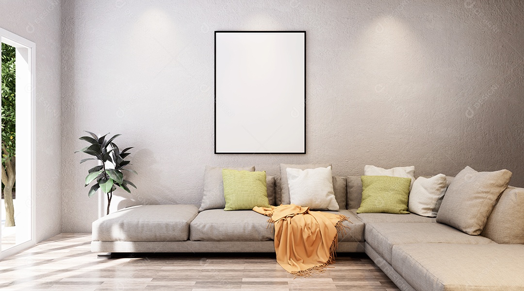 Molduras para fotos de maquete de ilustração 3D na parede da sala de estar, interior de estilo escandinavo com conceito de decoração de móveis aconchegante, renderização