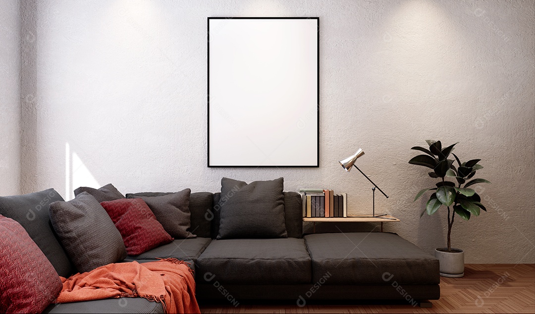 Molduras para fotos de maquete de ilustração 3D na parede da sala de estar, interior de estilo escandinavo com conceito de decoração de móveis aconchegante, renderização