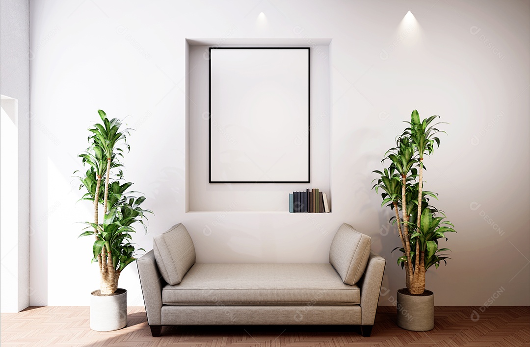 Molduras para fotos de maquete de ilustração 3D na parede da sala de estar, interior de estilo escandinavo com conceito de decoração de móveis aconchegante, renderização