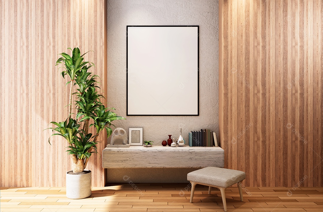 Placa em branco de maquete de ilustração 3D com moldura na parede na sala de estar, cores pastel interiores de estilo escandinavo e decoração, renderização