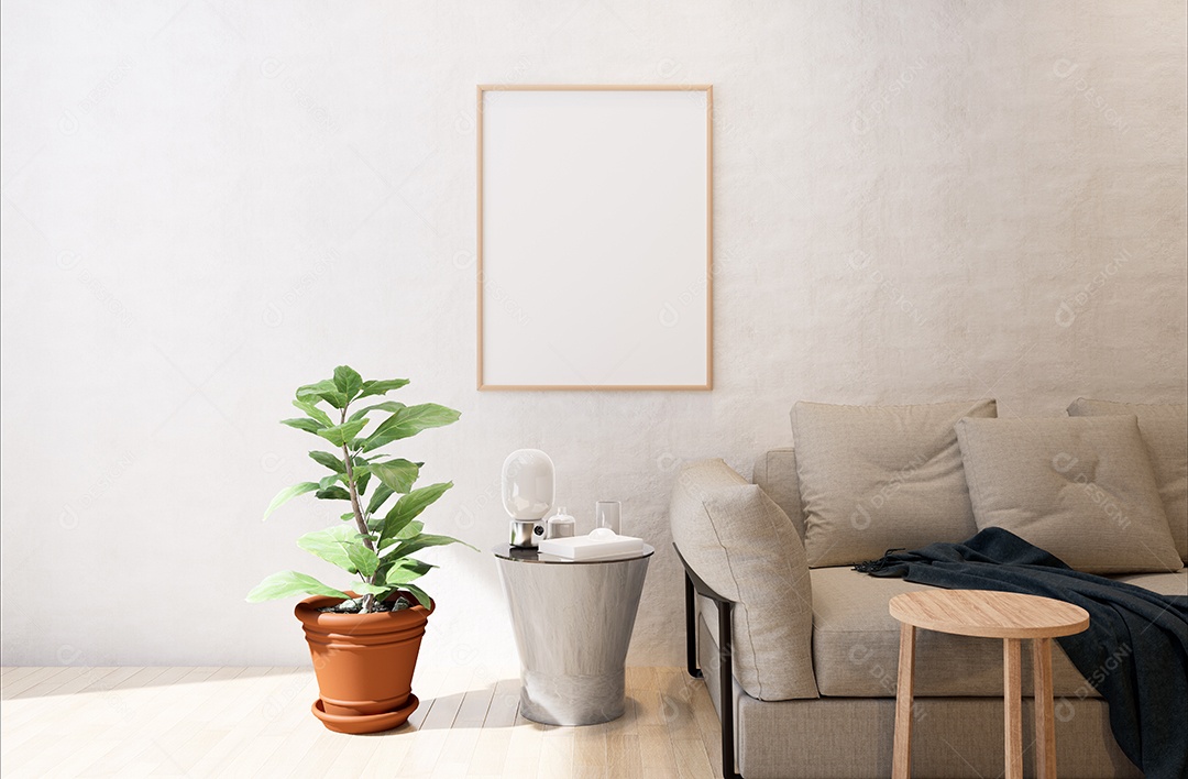 Molduras para fotos de maquete de ilustração 3D na parede da sala de estar, interior de estilo escandinavo com conceito de decoração de móveis aconchegante, renderização