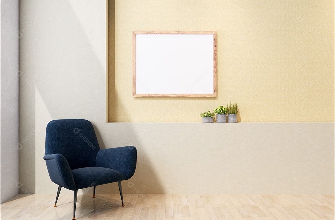 Molduras para fotos de maquete de ilustração 3D na parede da sala de estar, interior de estilo escandinavo com conceito de decoração de móveis aconchegante, renderização