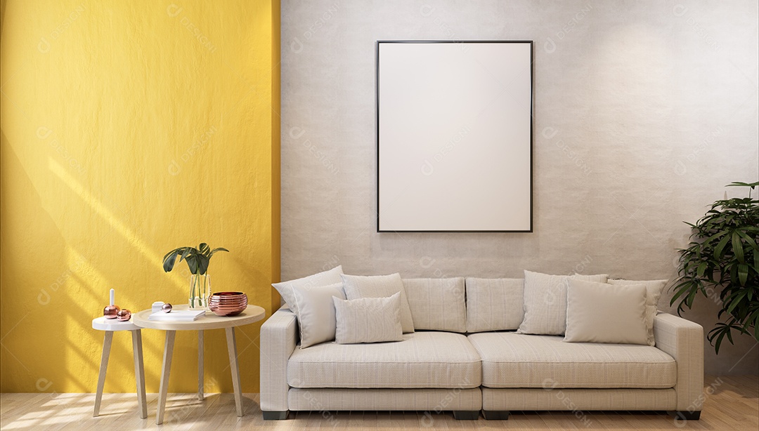 Molduras para fotos de maquete de ilustração 3D na parede da sala de estar, interior de estilo escandinavo com conceito de decoração de móveis aconchegante, renderização