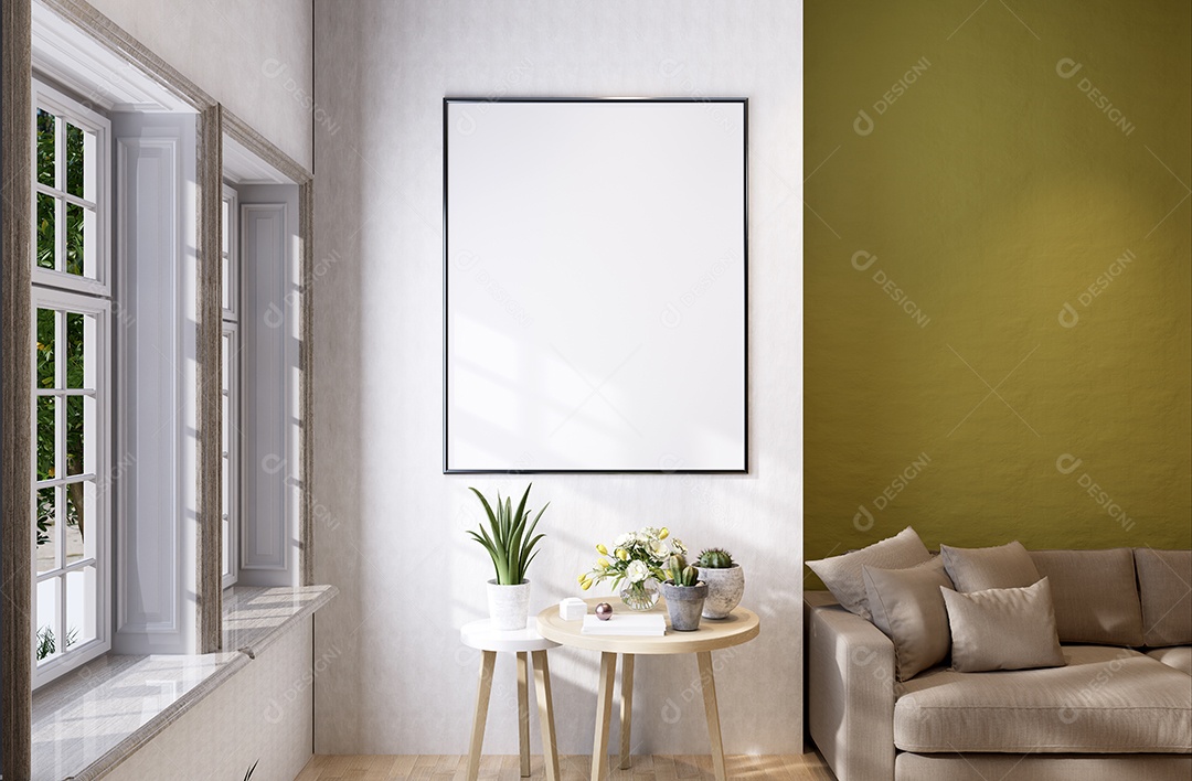 Molduras para fotos de maquete de ilustração 3D na parede da sala de estar, interior de estilo escandinavo com conceito de decoração de móveis aconchegante, renderização