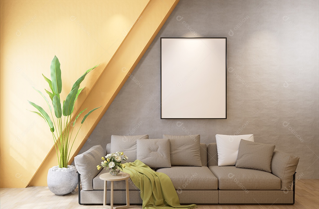 Molduras para fotos de maquete de ilustração 3D na parede da sala de estar, interior de estilo escandinavo com conceito de decoração de móveis aconchegante, renderização