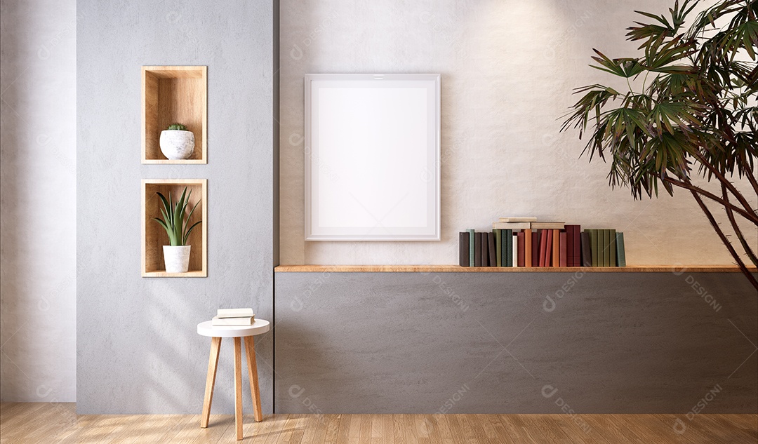 Molduras para fotos de maquete de ilustração 3D na parede da sala de estar, interior de estilo escandinavo com conceito de decoração de móveis aconchegante, renderização