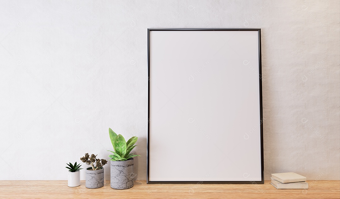 Placa em branco de maquete de ilustração 3D com moldura na parede na sala de estar, cores pastel interiores de estilo escandinavo e decoração, renderização