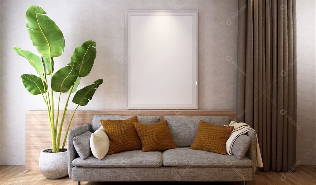 Molduras para fotos de maquete de ilustração 3D na parede da sala de estar, interior de estilo escandinavo com conceito de decoração de móveis aconchegante, renderização