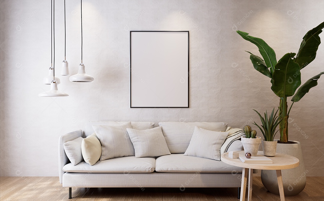 Molduras para fotos de maquete de ilustração 3D na parede da sala de estar, interior de estilo escandinavo com conceito de decoração de móveis aconchegante, renderização