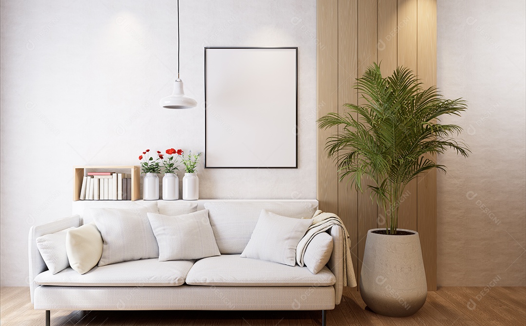 Molduras para fotos de maquete de ilustração 3D na parede da sala de estar, interior de estilo escandinavo com conceito de decoração de móveis aconchegante, renderização