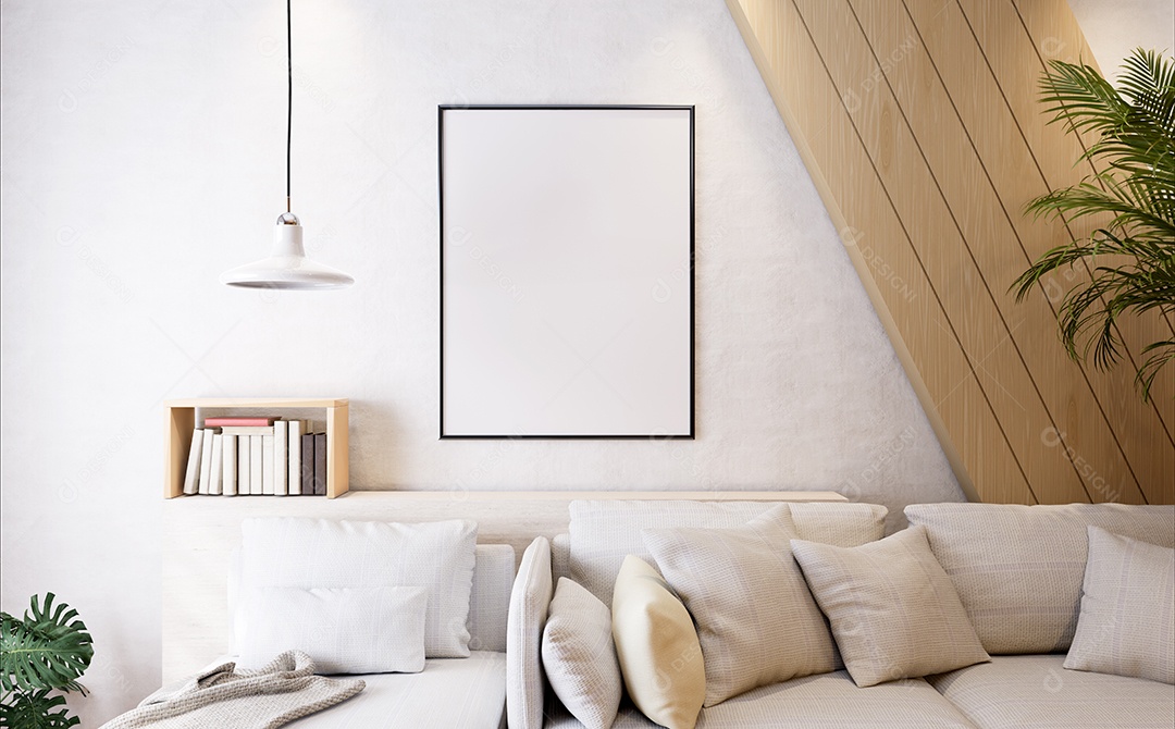 Molduras para fotos de maquete de ilustração 3D na parede da sala de estar, interior de estilo escandinavo com conceito de decoração de móveis aconchegante, renderização