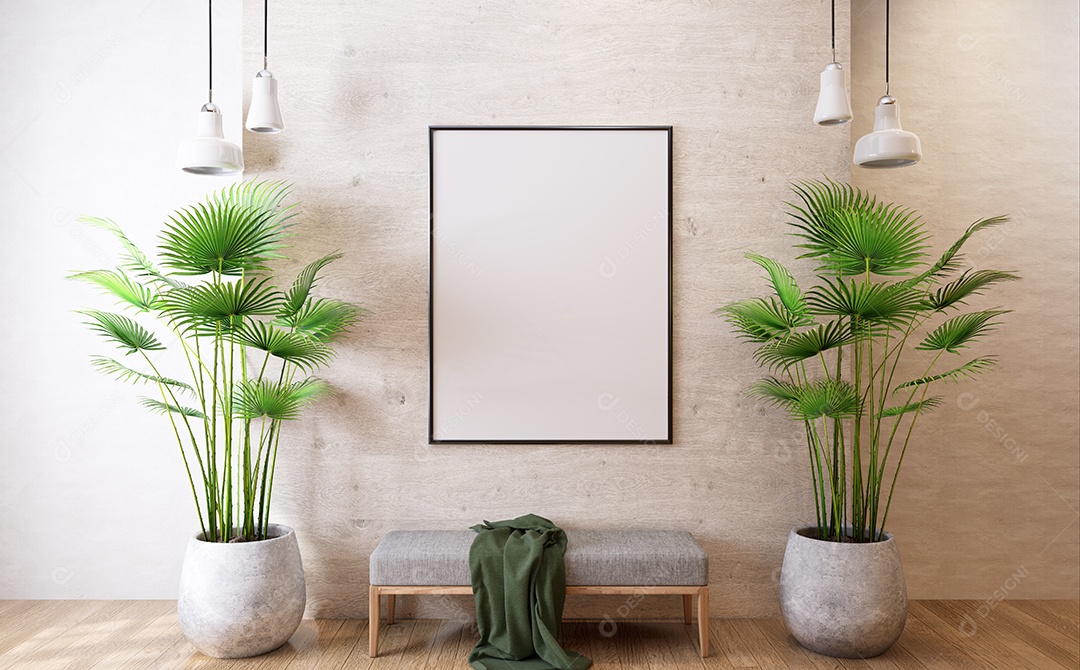 Molduras para fotos de maquete de ilustração 3D na parede da sala de estar, interior de estilo escandinavo com conceito de decoração de móveis aconchegante, renderização