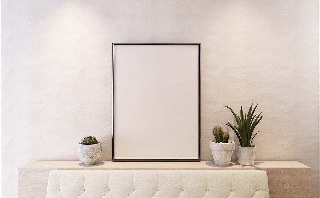 Molduras para fotos de maquete de ilustração 3D na parede da sala de estar, interior de estilo escandinavo com conceito de decoração de móveis aconchegante, renderização