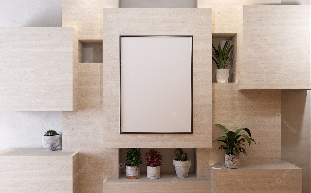 Molduras para fotos de maquete de ilustração 3D na parede da sala de estar, interior de estilo escandinavo com conceito de decoração de móveis aconchegante, renderização