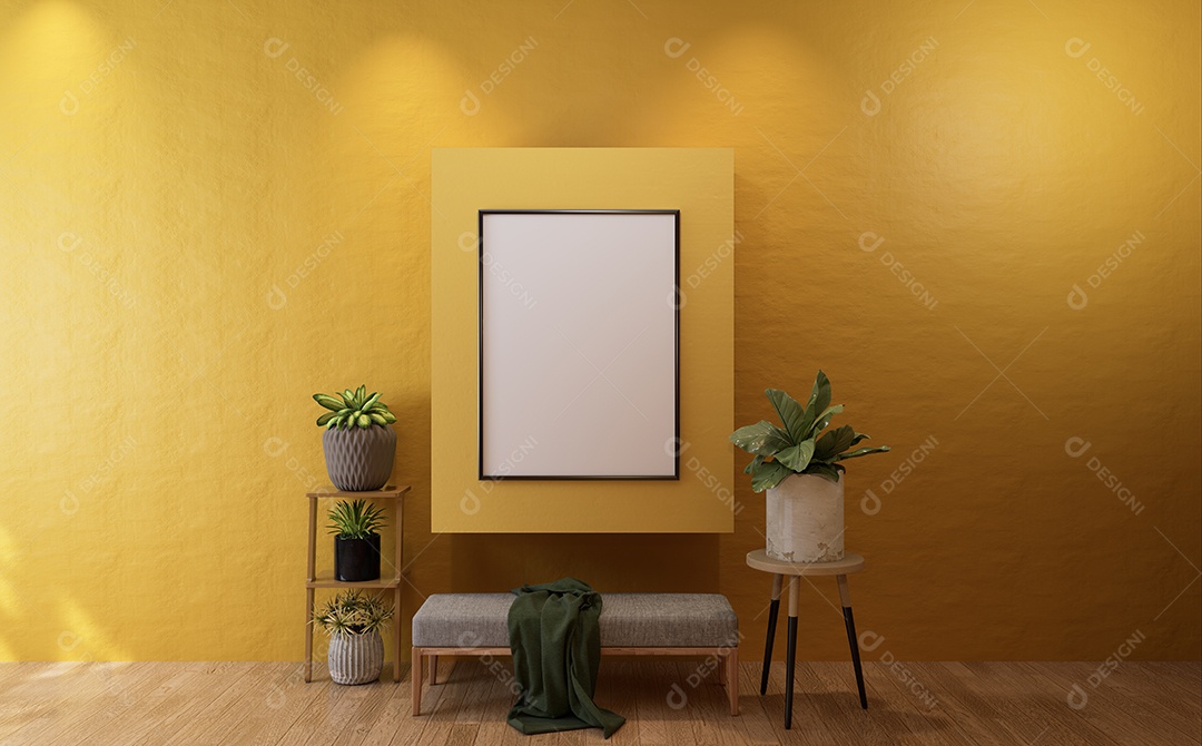 Molduras para fotos de maquete de ilustração 3D na parede da sala de estar, interior de estilo escandinavo com conceito de decoração de móveis aconchegante, renderização