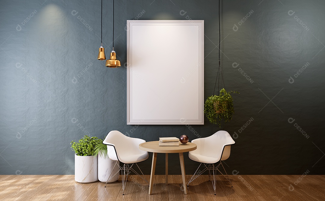 Molduras para fotos de maquete de ilustração 3D na parede da sala de estar, interior de estilo escandinavo com conceito de decoração de móveis aconchegante, renderização