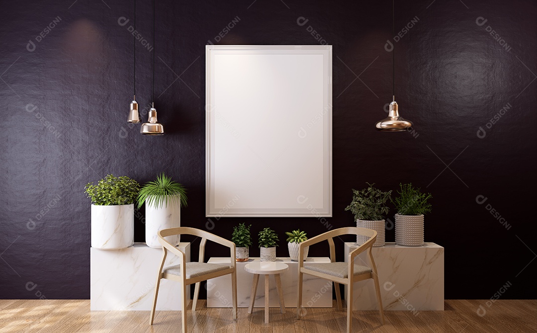 Molduras para fotos de maquete de ilustração 3D na parede da sala de estar, interior de estilo escandinavo com conceito de decoração de móveis aconchegante, renderização