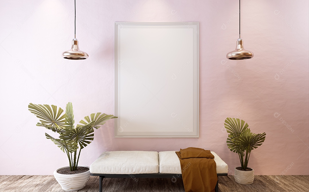 Molduras para fotos de maquete de ilustração 3D na parede da sala de estar, interior de estilo escandinavo com conceito de decoração de móveis aconchegante, renderização