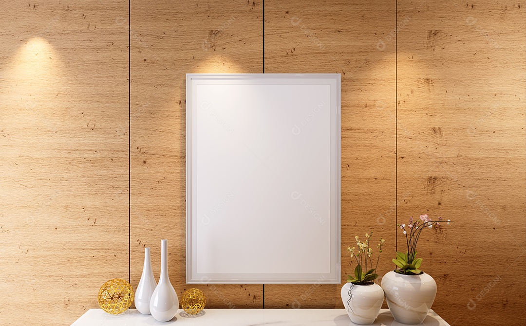 Placa em branco de maquete de ilustração 3D com moldura na parede na sala de estar, cores pastel interiores de estilo escandinavo e decoração, renderização