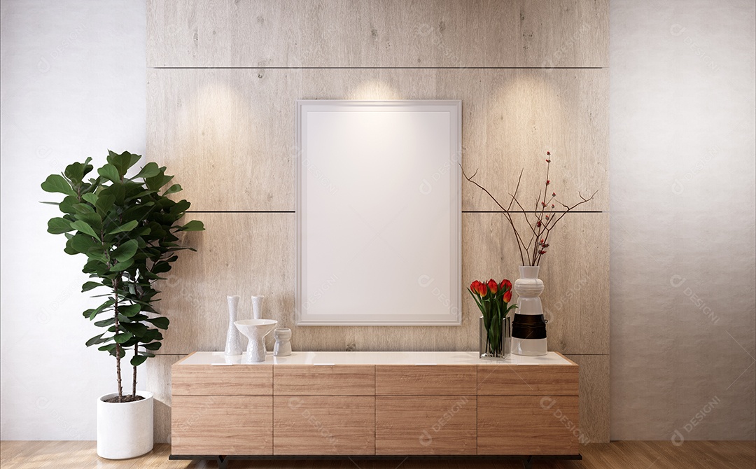 Molduras para fotos de maquete de ilustração 3D na parede da sala de estar, interior de estilo escandinavo com conceito de decoração de móveis aconchegante, renderização