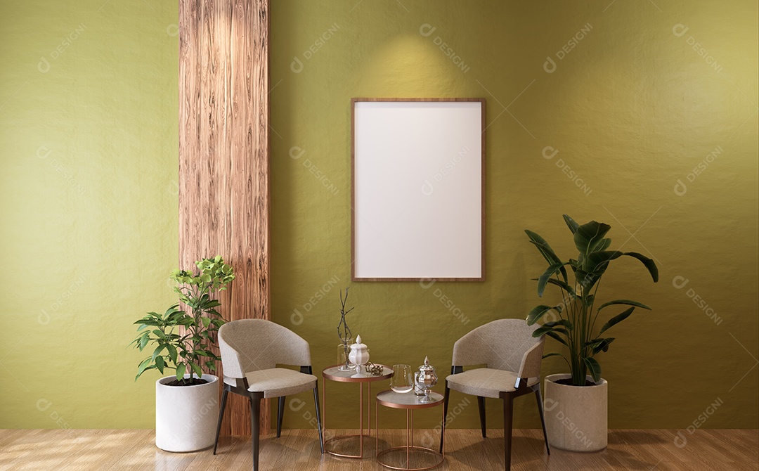 Molduras para fotos de maquete de ilustração 3D na parede da sala de estar, interior de estilo escandinavo com conceito de decoração de móveis aconchegante, renderização