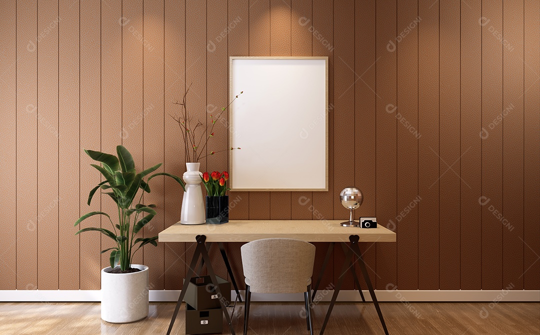 Molduras para fotos de maquete de ilustração 3D na parede da sala de estar, interior de estilo escandinavo com conceito de decoração de móveis aconchegante, renderização