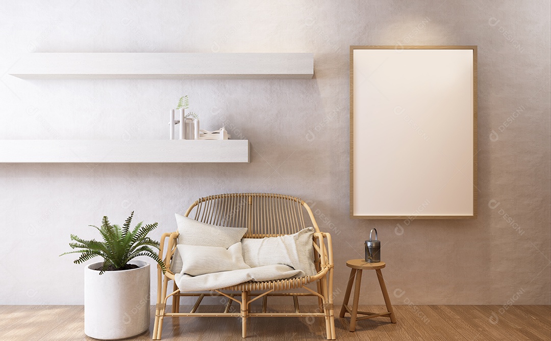 Molduras para fotos de maquete de ilustração 3D na parede da sala de estar, interior de estilo escandinavo com conceito de decoração de móveis aconchegante, renderização