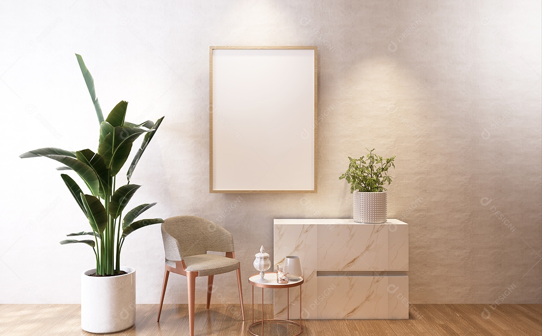 Molduras para fotos de maquete de ilustração 3D na parede da sala de estar, interior de estilo escandinavo com conceito de decoração de móveis aconchegante, renderização