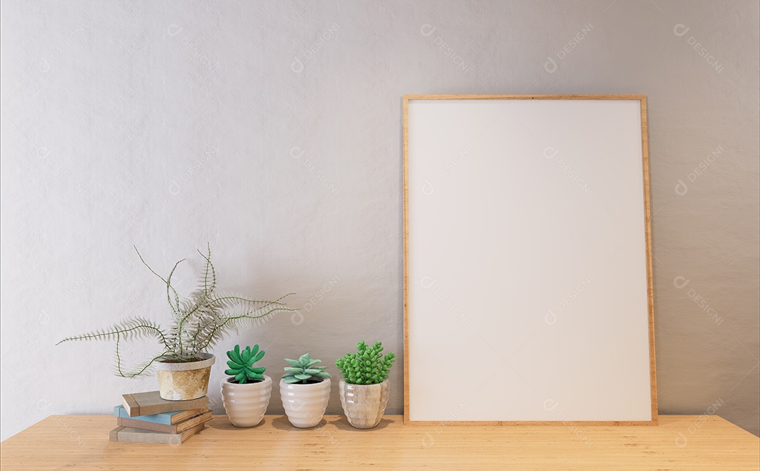 Ilustração 3D interior Estilo minimalista de design moderno com moldura de maquete em branco na parede, lâmpada e assento, almofada de móveis modernos no canto de descanso em casa, renderização