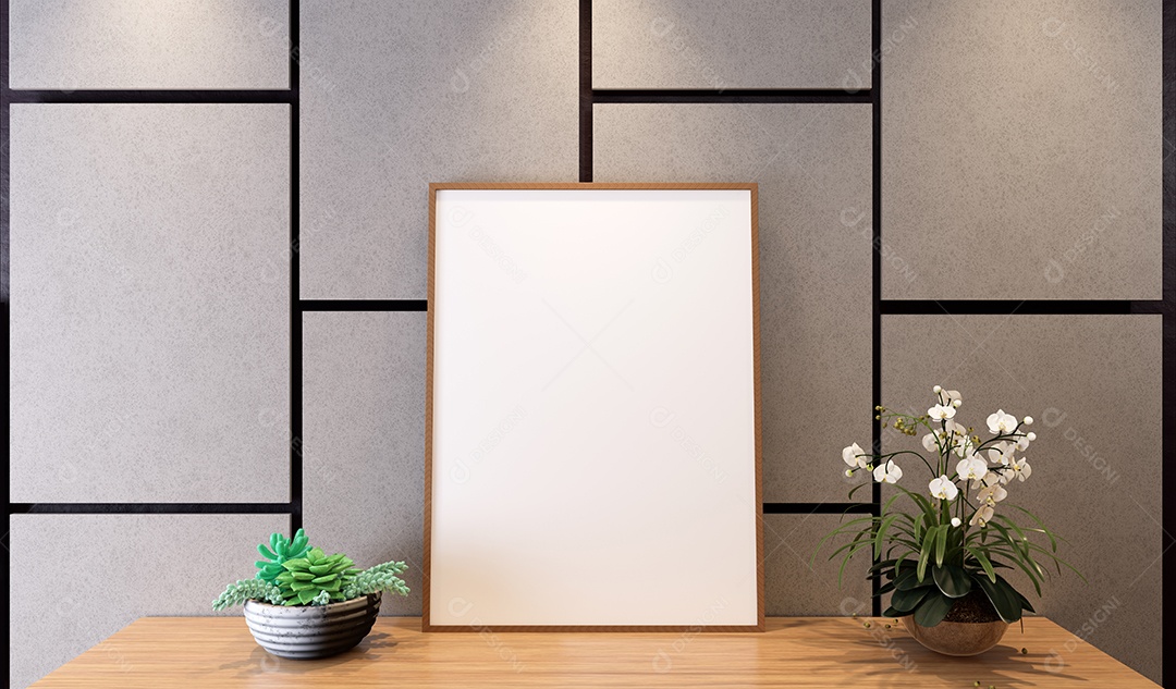 Molduras para fotos de maquete de ilustração 3D na parede da sala de estar, interior de estilo escandinavo com conceito de decoração de móveis aconchegante, renderização