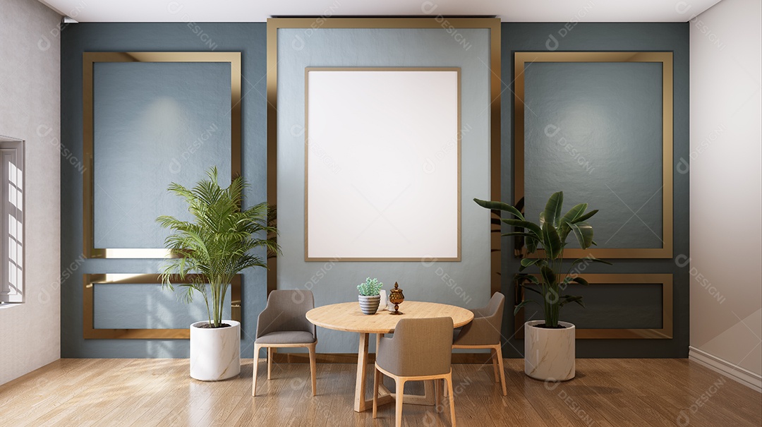 Molduras para fotos de maquete de ilustração 3D na parede da sala de estar, interior de estilo escandinavo com conceito de decoração de móveis aconchegante, renderização