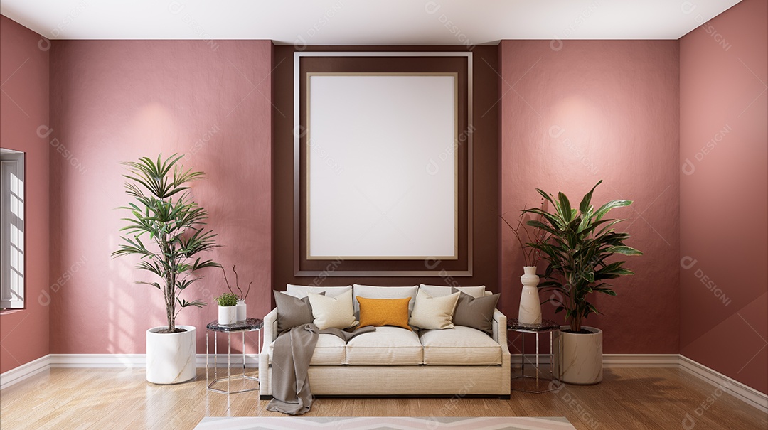 Molduras para fotos de maquete de ilustração 3D na parede da sala de estar, interior de estilo escandinavo com conceito de decoração de móveis aconchegante, renderização