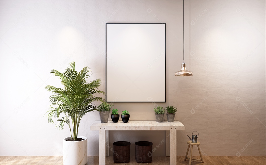 Molduras para fotos de maquete de ilustração 3D na parede da sala de estar, interior de estilo escandinavo com conceito de decoração de móveis aconchegante, renderização