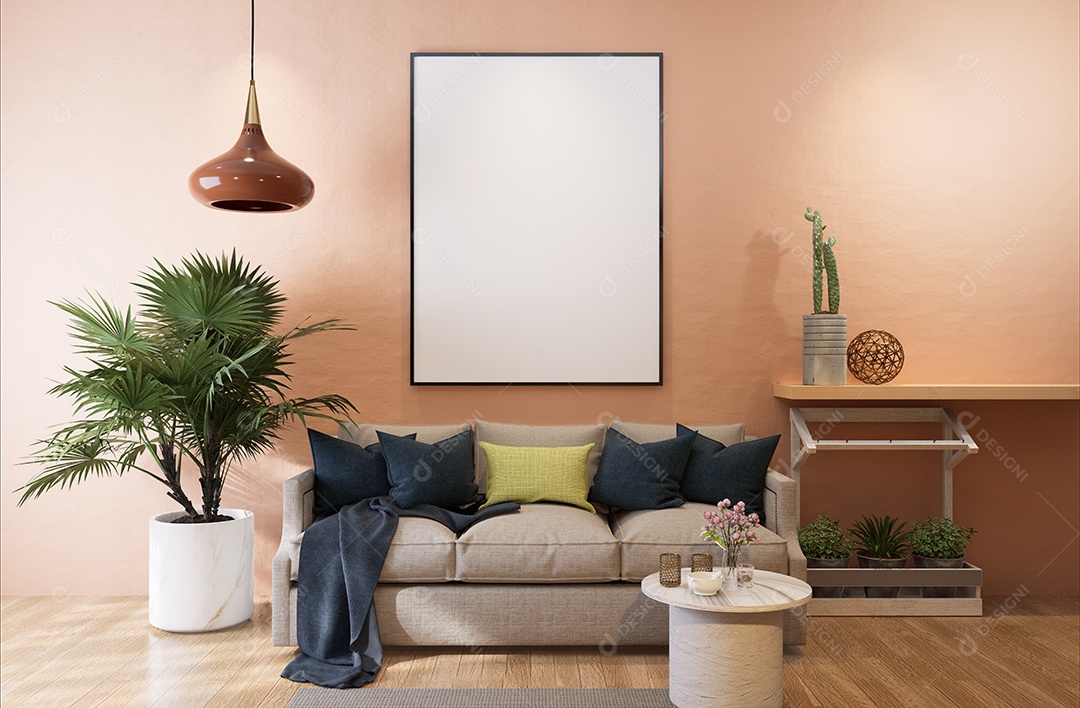 Molduras para fotos de maquete de ilustração 3D na parede da sala de estar, interior de estilo escandinavo com conceito de decoração de móveis aconchegante, renderização