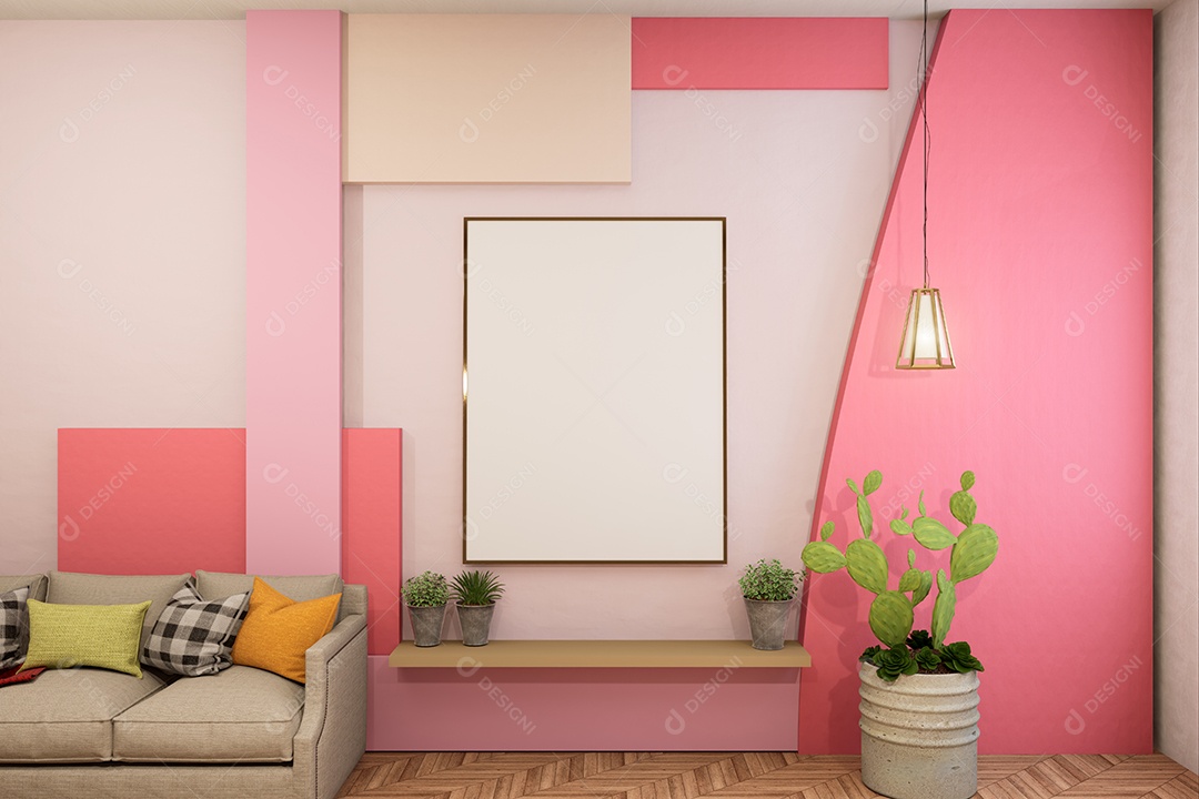 Molduras para fotos de maquete de ilustração 3D na parede da sala de estar, interior de estilo escandinavo com conceito de decoração de móveis aconchegante, renderização