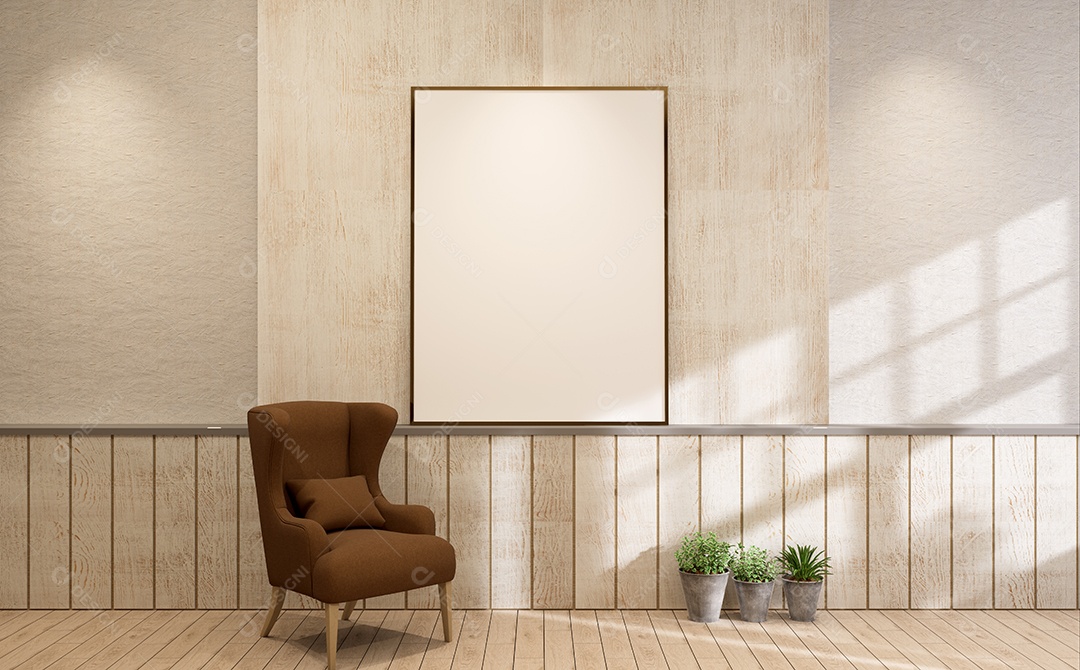 Placa em branco de maquete de ilustração 3D com moldura na parede da sala de estar, interior de estilo escandinavo com vaso de plantas e decoração natural, renderização