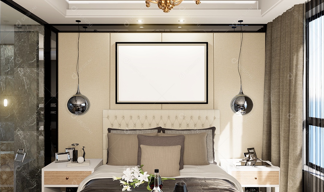 Ilustração 3D Mock up poster frame no interior do quarto, Decorado com móveis bonitos e confortáveis, Renderização