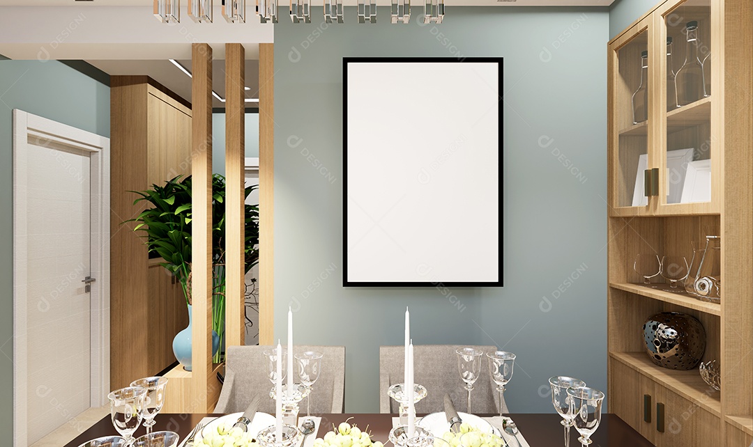 Placa grande de maquete de ilustração 3D com moldura na sala de jantar em casa ou restaurante, cores pastel interiores de estilo escandinavo e decoração