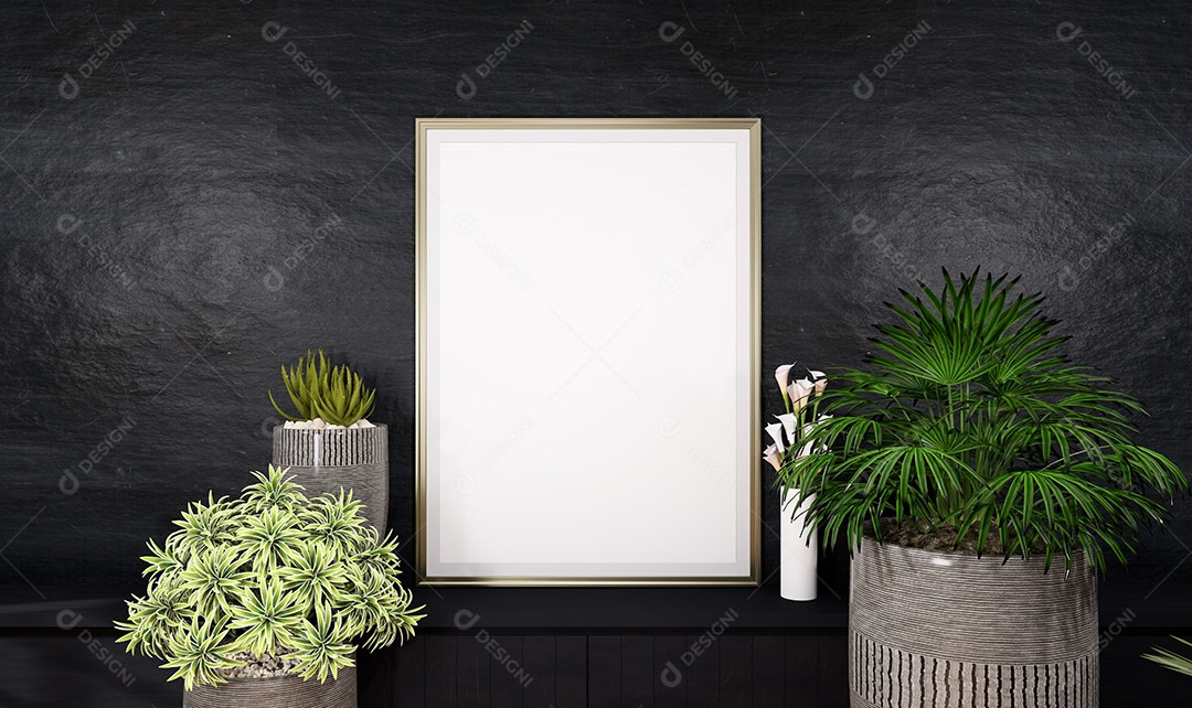 Placa grande de maquete de ilustração 3D com moldura na sala de jantar em casa ou restaurante, cores pastel interiores de estilo escandinavo e decoração