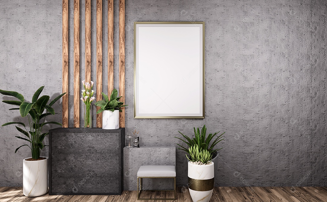 Molduras para fotos de maquete de ilustração 3D na parede da sala de estar, interior de estilo escandinavo com conceito de decoração de móveis aconchegante