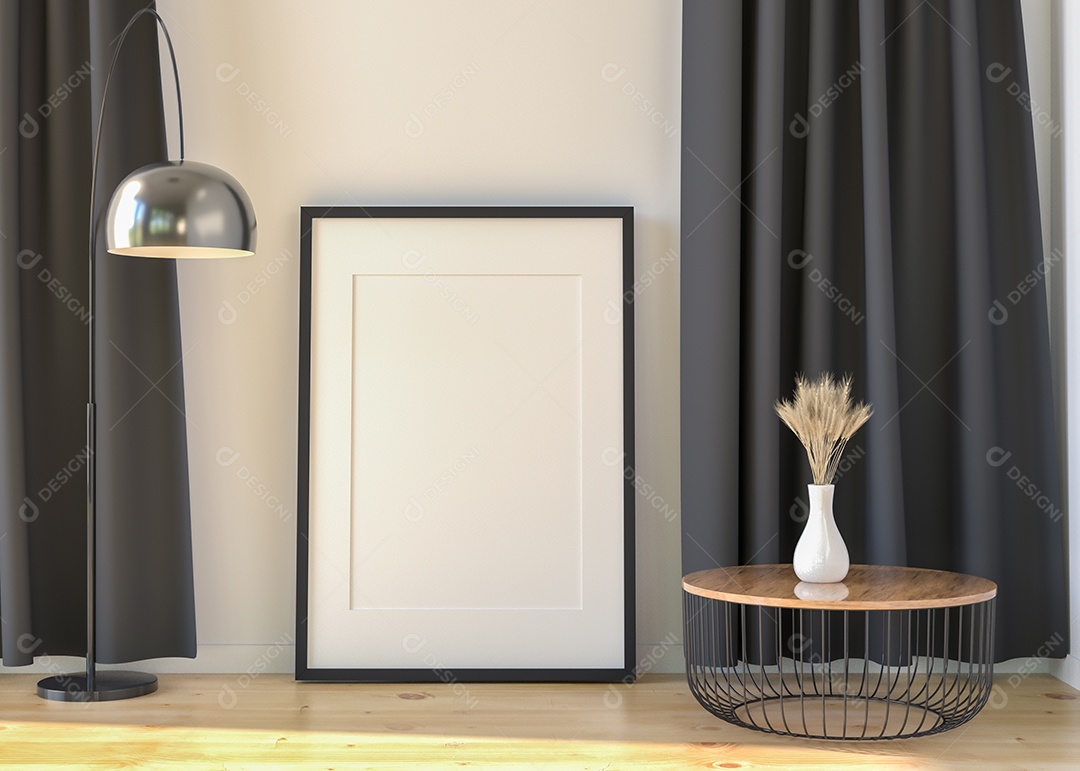 Placa em branco de maquete de ilustração 3D com moldura na parede da sala de estar, interior de estilo escandinavo com vaso de plantas e decoração natural, renderização