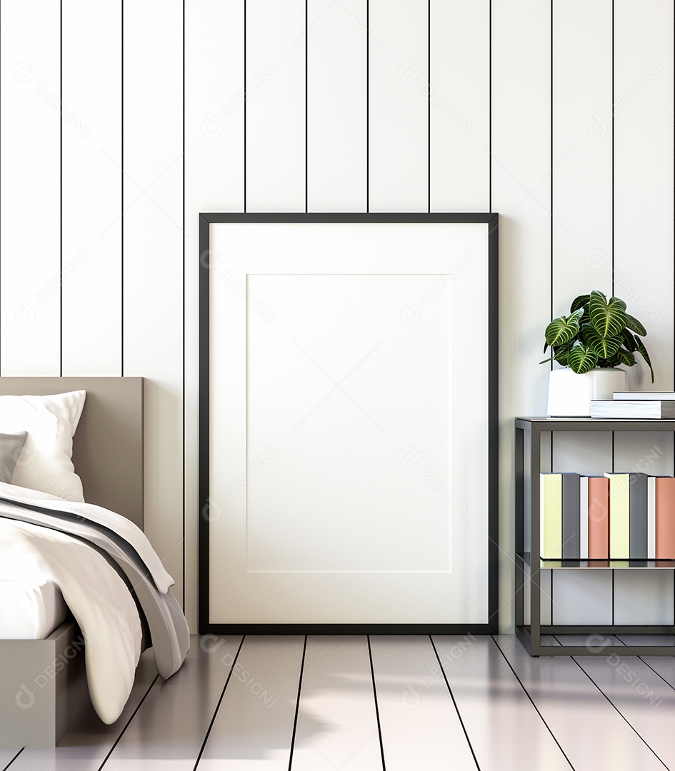 Ilustração 3D Mock up poster frame no interior do quarto, Decorado com móveis bonitos e confortáveis, Renderização