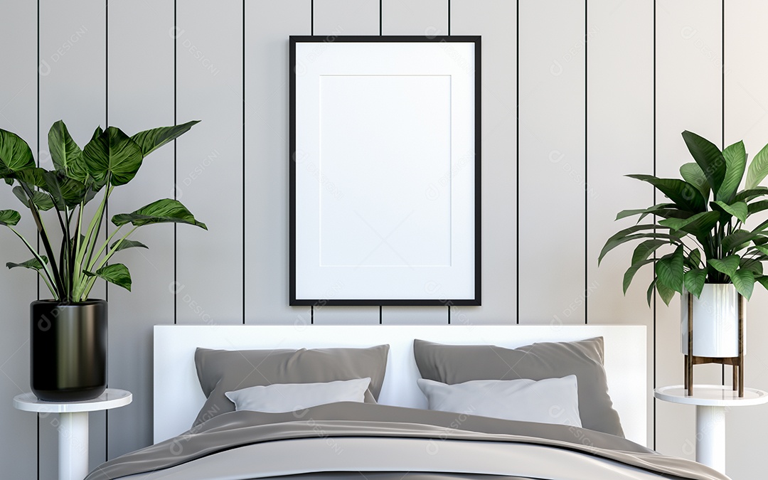 Ilustração 3D Mock up poster frame no interior do quarto, Decorado com móveis bonitos e confortáveis, Renderização