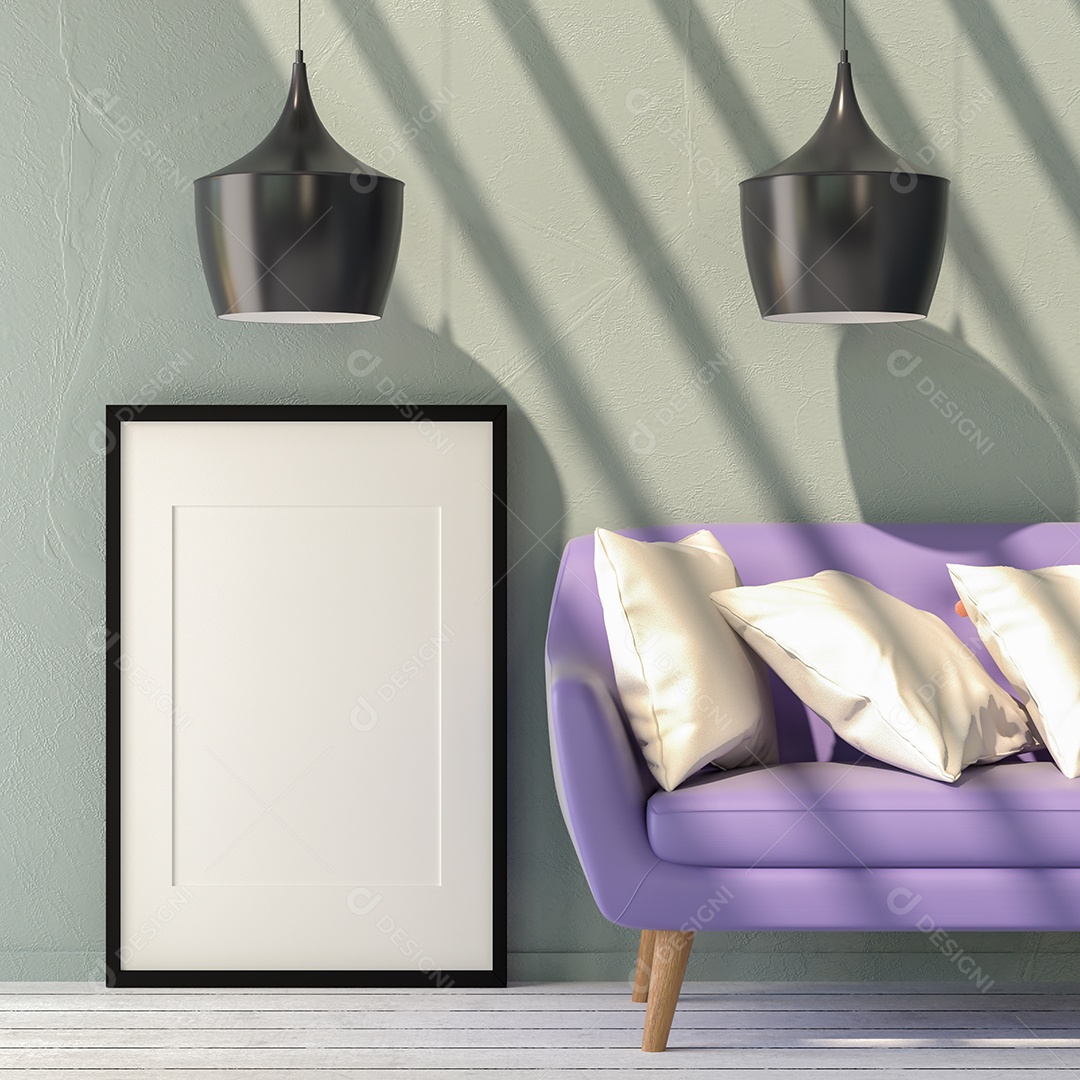 Molduras para fotos de maquete de ilustração 3D na parede da sala de estar, interior de estilo escandinavo com conceito de decoração