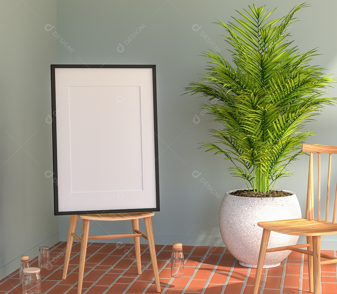 Placa em branco de maquete de ilustração 3D com moldura na parede da sala de estar, interior de estilo escandinavo com vaso de plantas e decoração natural, renderização