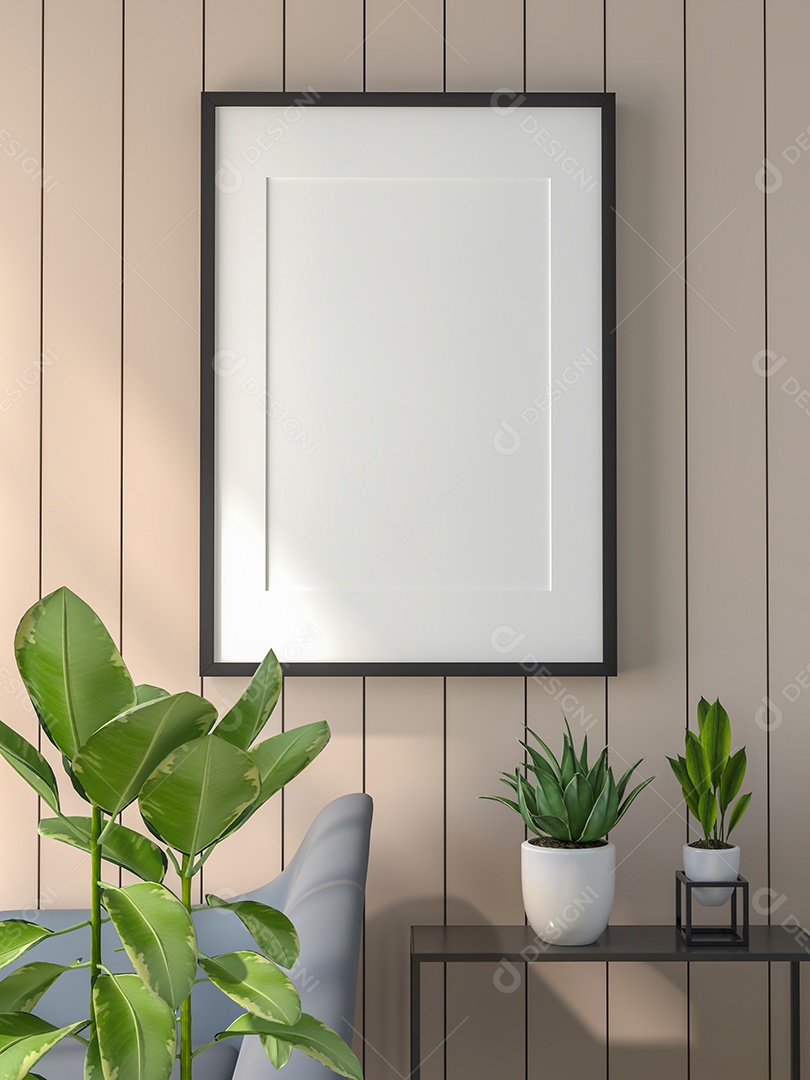 Placa em branco de maquete de ilustração 3D com moldura na parede da sala de estar, interior de estilo escandinavo com vaso de plantas e decoração natural, renderização