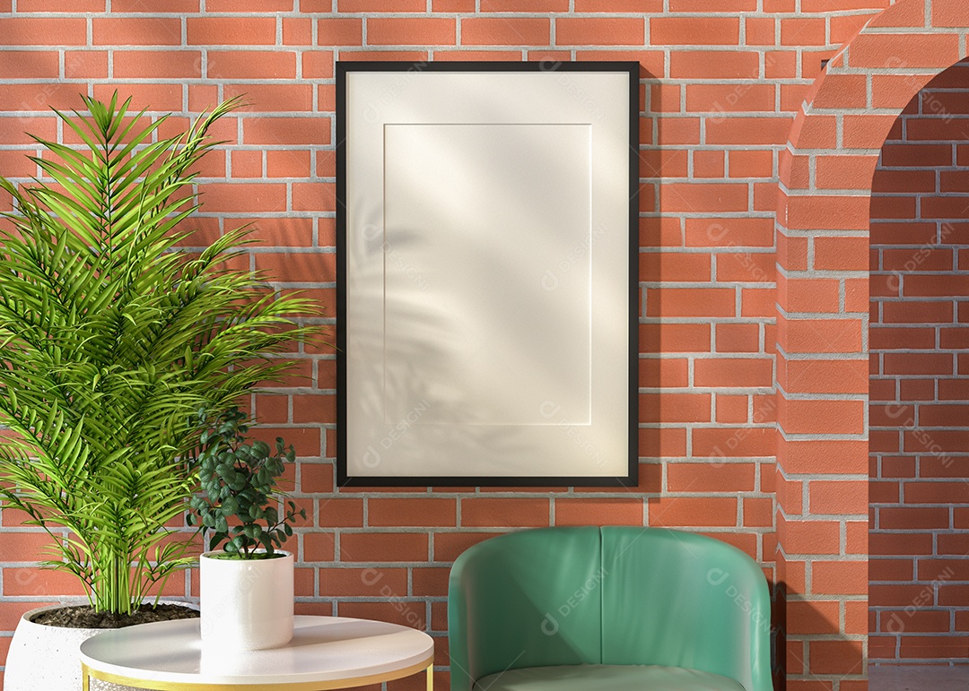 Molduras para fotos de maquete de ilustração 3D na parede da sala de estar, interior de estilo escandinavo com móveis aconchegantes e planta de casa no conceito de decoração natural, renderização