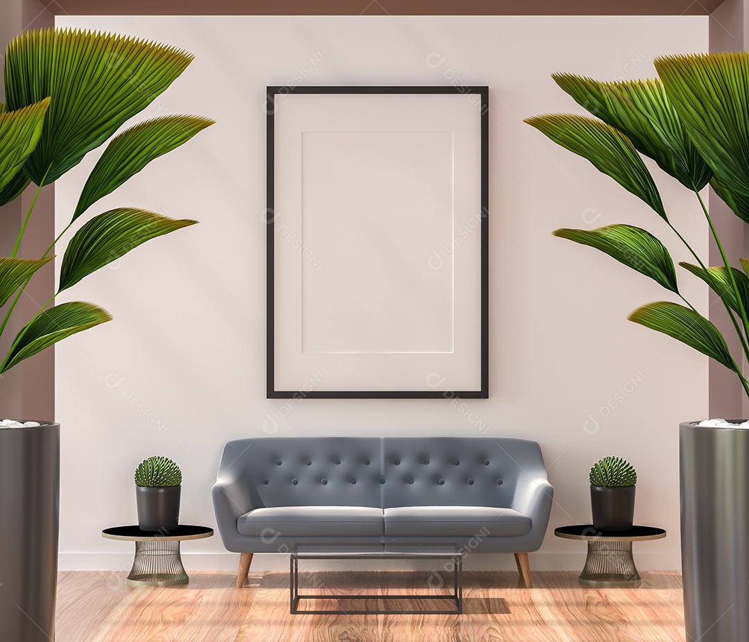 Molduras para fotos de maquete de ilustração 3D na parede da sala de estar, interior de estilo escandinavo com móveis aconchegantes e planta de casa no conceito de decoração natural, renderização