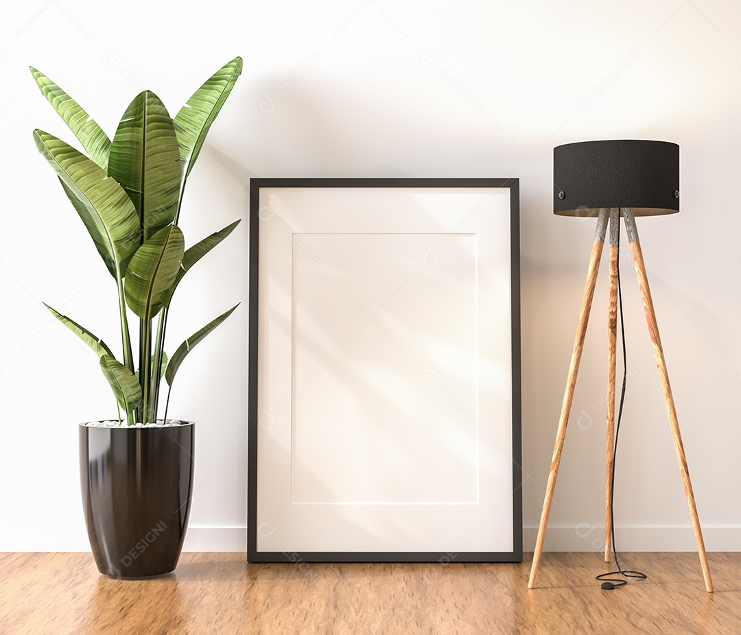 Molduras para fotos de maquete de ilustração 3D na parede da sala de estar, interior de estilo escandinavo com móveis aconchegantes e planta de casa no conceito de decoração natural, renderização